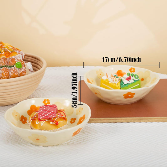 Koythin Salad Bowls, Cute Orange Flower Ceramic Bowls, Cream Yellow Serving Bowl for Pasta, Cereal, Fruit, Soup, Rice, Dishwasher and Microwave Safe (Orange Flower Set of 1)