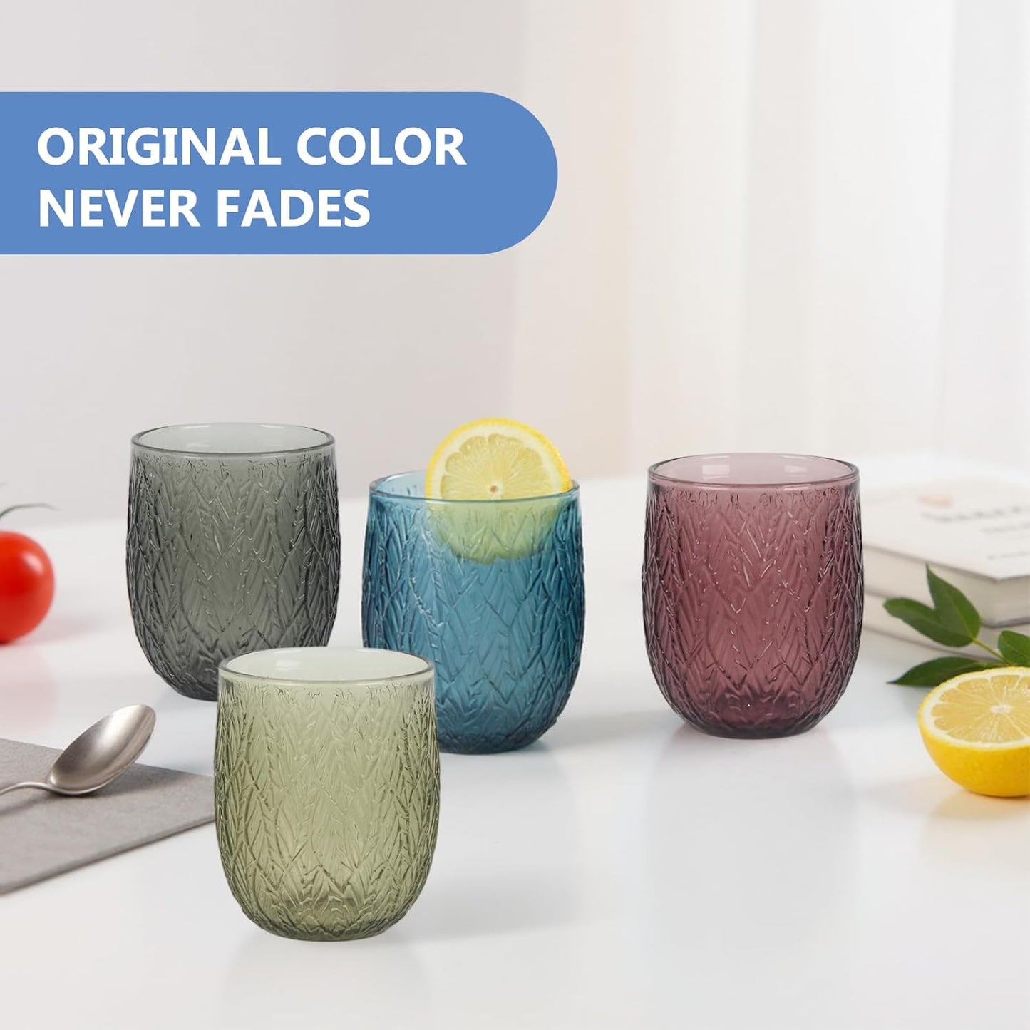 Colored Glasses Drinking Set of 6, 12oz Vintage Drinking Glasses, Drinking Glasses for Cocktail, Beer, Wine, Whiskey, Water & Juice Drinkware (Willow Leaf 6PCS)