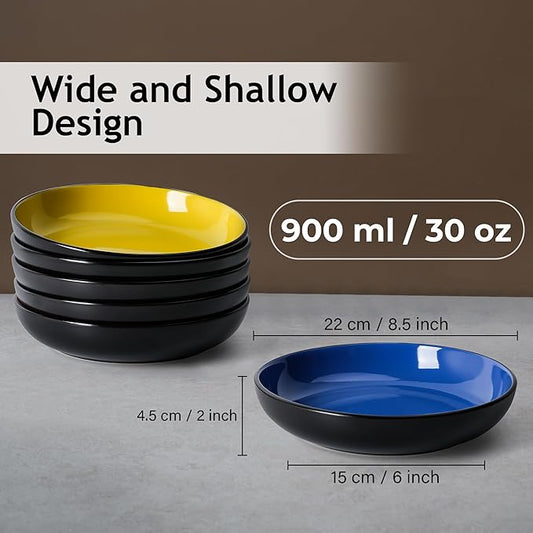 MIAMIO – 30 Oz / 8.6 Inch Set of 6 Pasta Bowls/Salad Bowls, Pasta Plates Wide and Shallow Bowl, Large Ceramic Stoneware Deep Plate Serving Soup - Le Papillon Collection (Mixed)