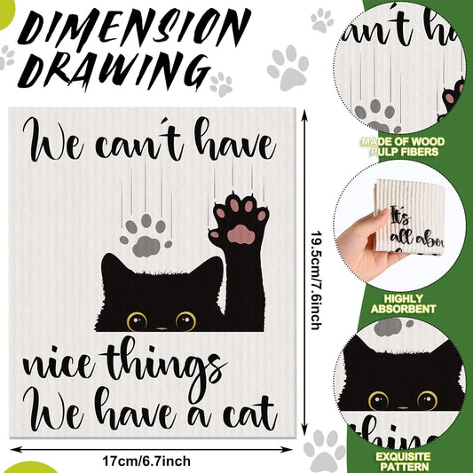 Funtery 8 Pcs Cat Swedish Kitchen Dishcloths Reusable Swedish Absorbent Sponge Cloths Washable Kitchen Dish Towel Quick Drying Decorative for Animal Lover Gifts for Women Hand Towel