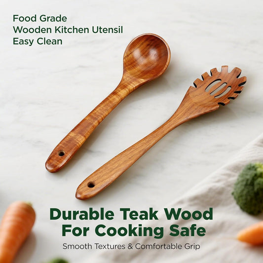 Wooden Spoons for Cooking, Teak Wood Kitchen Utensil Set, Large Soup Ladle and Pasta Slotted Fork Strainer Spoon with Teeth for Cooking Serving Sauce (Ladle and Spaghetti)