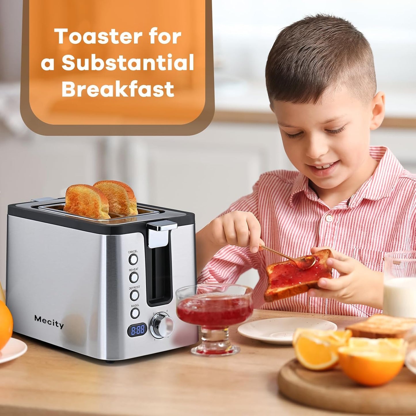 Mecity Toaster 2 Slice Stainless Steel Body, Timer, Bagel, Defrost, Reheat, Cancel Functions, Warming Rack, Removable Tray, 6 Browning Settings, Extra Wide Slots, Bread Toaster 800W