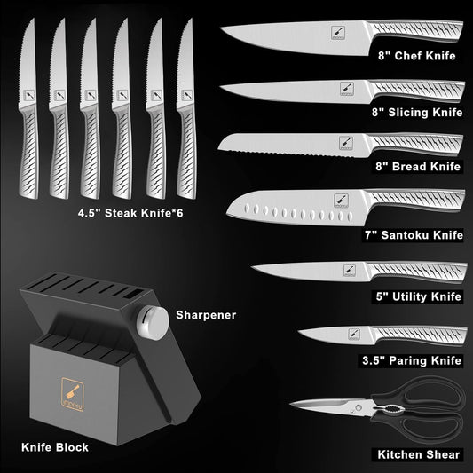 imarku® Knife Set,14-Piece Knife Sets for kitchen with block,Premium One-Piece Kitchen Knife Set with Sharpener,High Carbon Stainless Steel Knives Set for Kitchen,Dishwasher Safe,Black