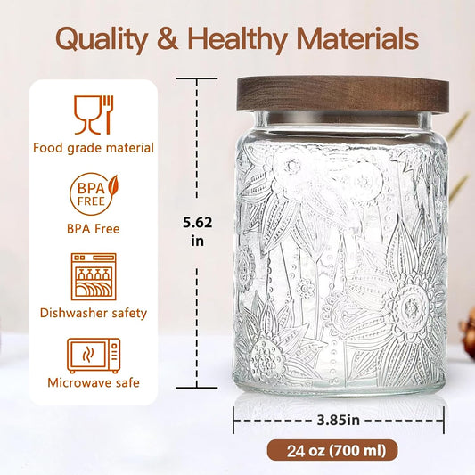 24 OZ Airtight Glass Storage Jar with Bamboo Lid - Vintage Glass Jar Vintage Food Containers Canisters Set for Kitchen Counter & Pantry - Ideal for Sugar, Flour, Coffee, Tea, Candy, Oats -2 Pack