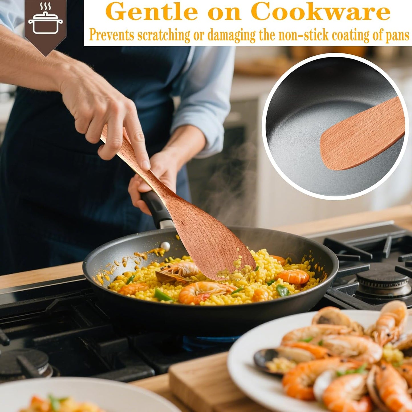 Wooden Spatula for Cooking, 12Inch Wooden Rice Paddle with Long Handle for Cooking, Stirring, Flipping, Serving, Scraping