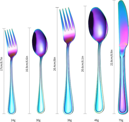 Colorful Forks Spoons Knives Silverware Rainbow Flatware Set for 4 Kitchen 20 Pieces Stainless Steel Cutlery Modern Eating Utensils Double Line Edges Handle