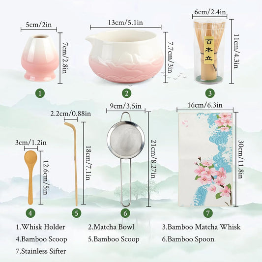 Matcha Whisk Set - Ceramic Matcha Set Includes Matcha Bowl, Whisk and Holder, Bamboo Scoop, Scoop Rest, Sifter and Tea Towel - 7 Pcs Ceremonial Gift Kit for Matcha Lovers (Gradient Pink)