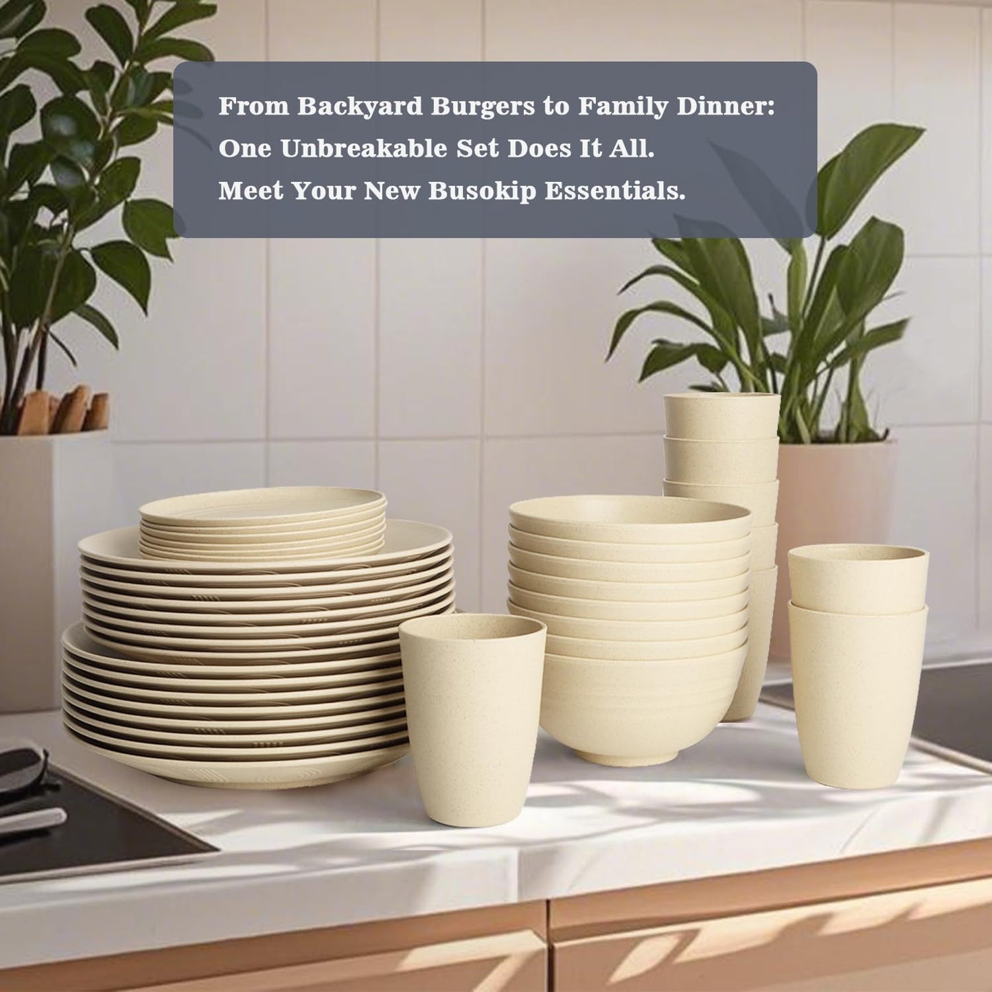 40 PCS Wheat Straw Dishes Sets | Reusable Dinnerware Set for 8 - Dinner Plates, Cereal Bowls, Drinking Glasses Unbreakable Plastic Plates and Bowls Sets Microwave Safe for Kitchen - Beige