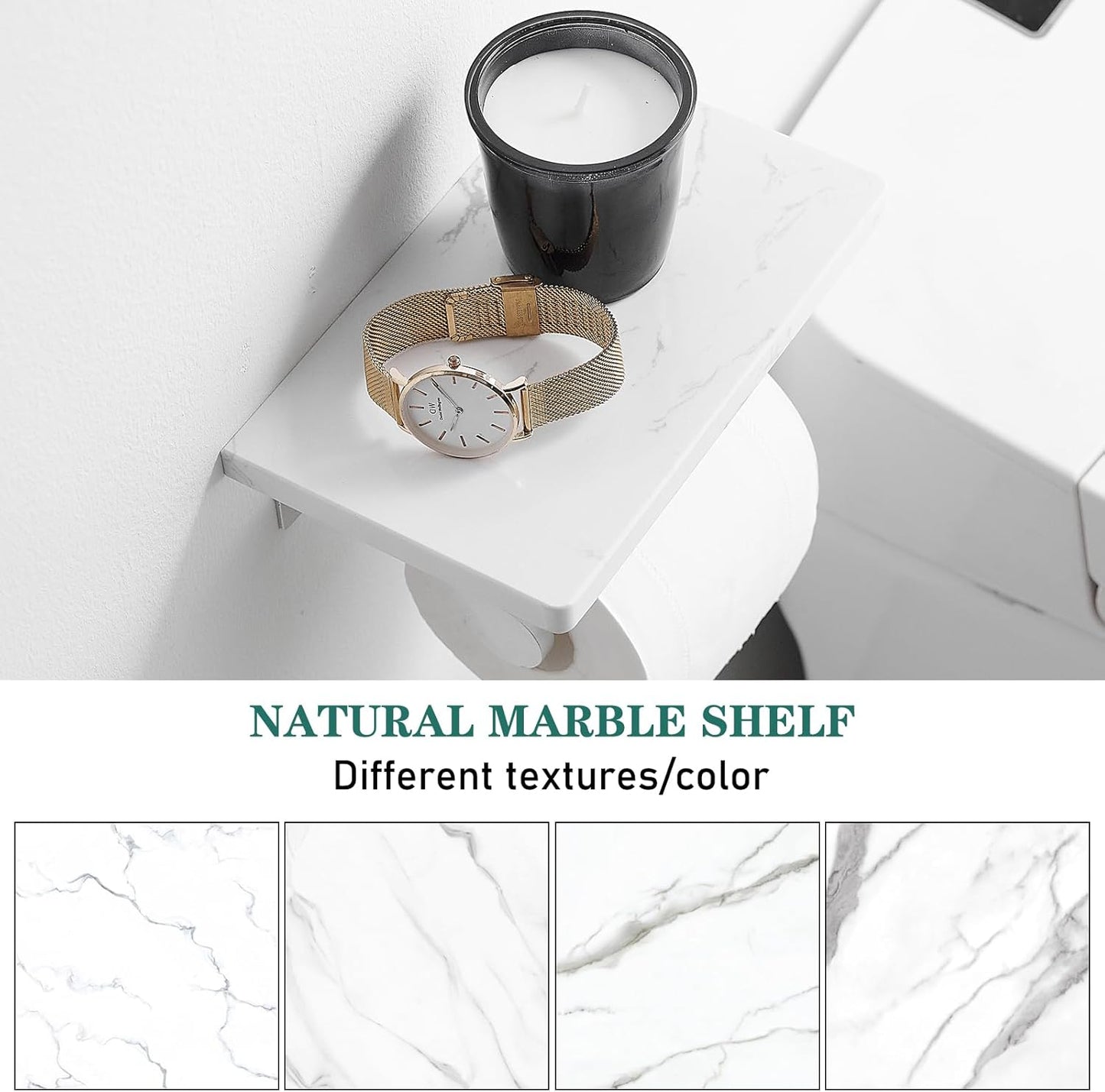 Hoimpro Brushed Silver Aluminum Toilet Paper Holder with White Natural Marble Shelf, Wall Mounted Tissue Hand Paper Roll Storage Holder for Bathroom Kitchen Washroom Bedroom