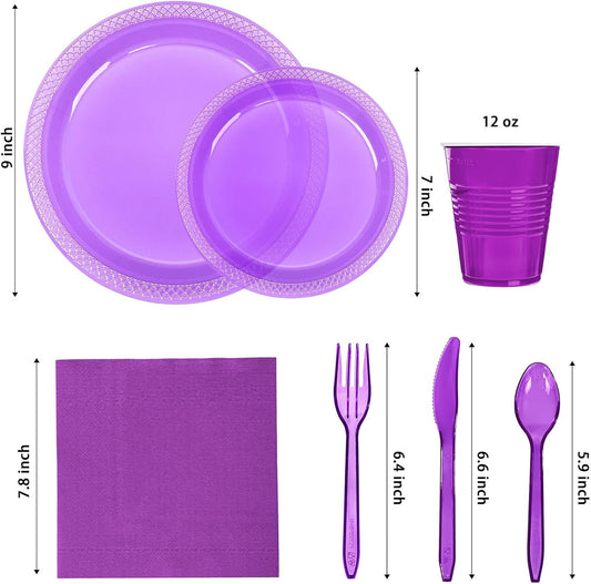 WELLIFE 210Pcs Purple Plastic Plates,Clear Purple Plastic Dinnerware Set,Party Supplies Including Clear Plates, 12OZ Cups, plastic Cutlery and Napkins Serve 30 Guests, Disposable Plates for Party