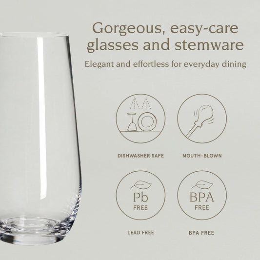 over&back 19oz Traditional Glassware - Set of 4 Classic Stemless Drinking Glasses for Parties, Get-togethers, and More - Mouth-Blown - Wine Cups for Kitchen and Dining Room - Clear