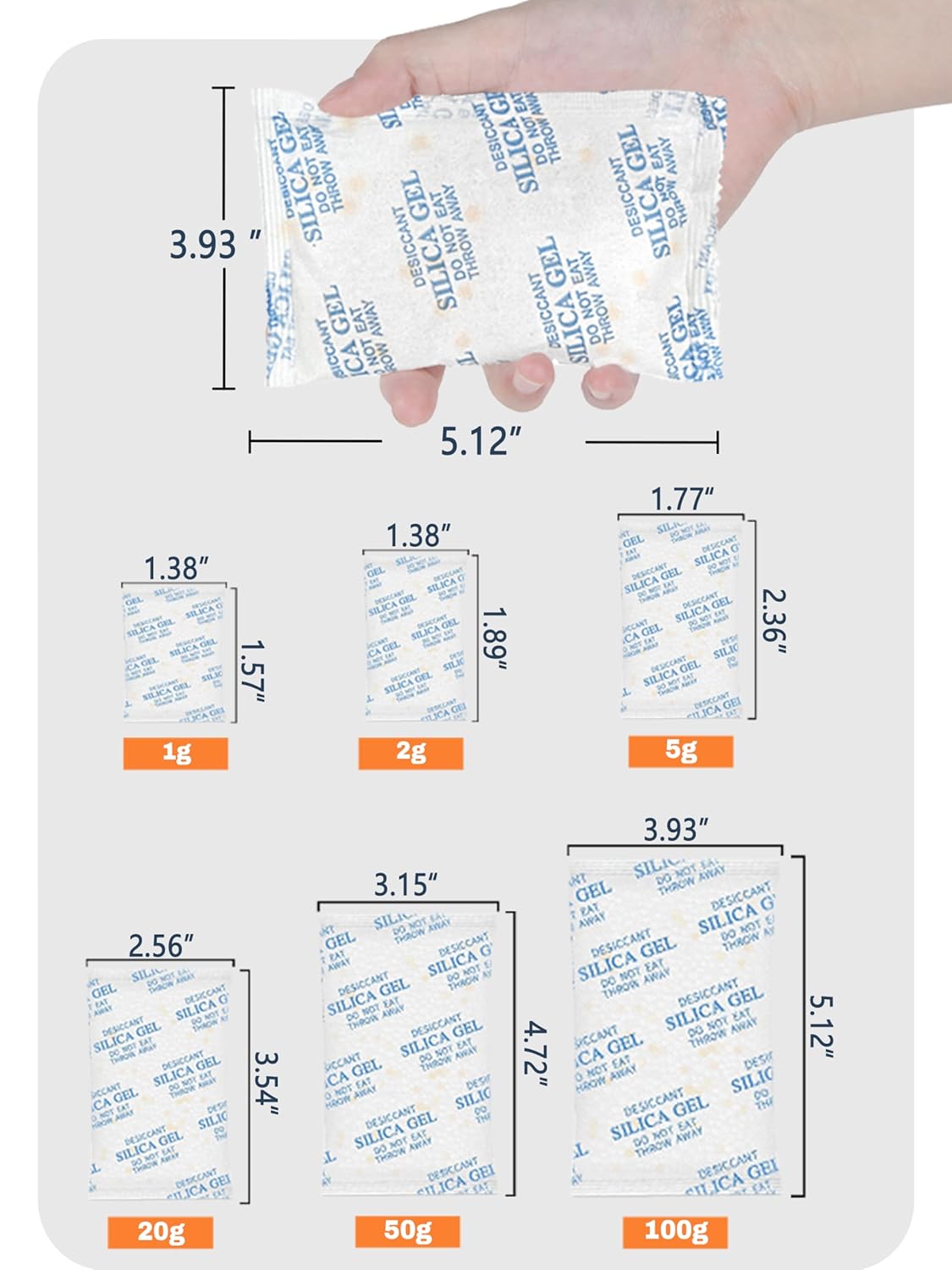 50 Gram (40 Pack) Color-Indicating Silica Gel Packets, Premium Food Grade Desiccant - Rechargeable Moisture Absorbers for Food Storage, Electronics, 3D Filament & Safes