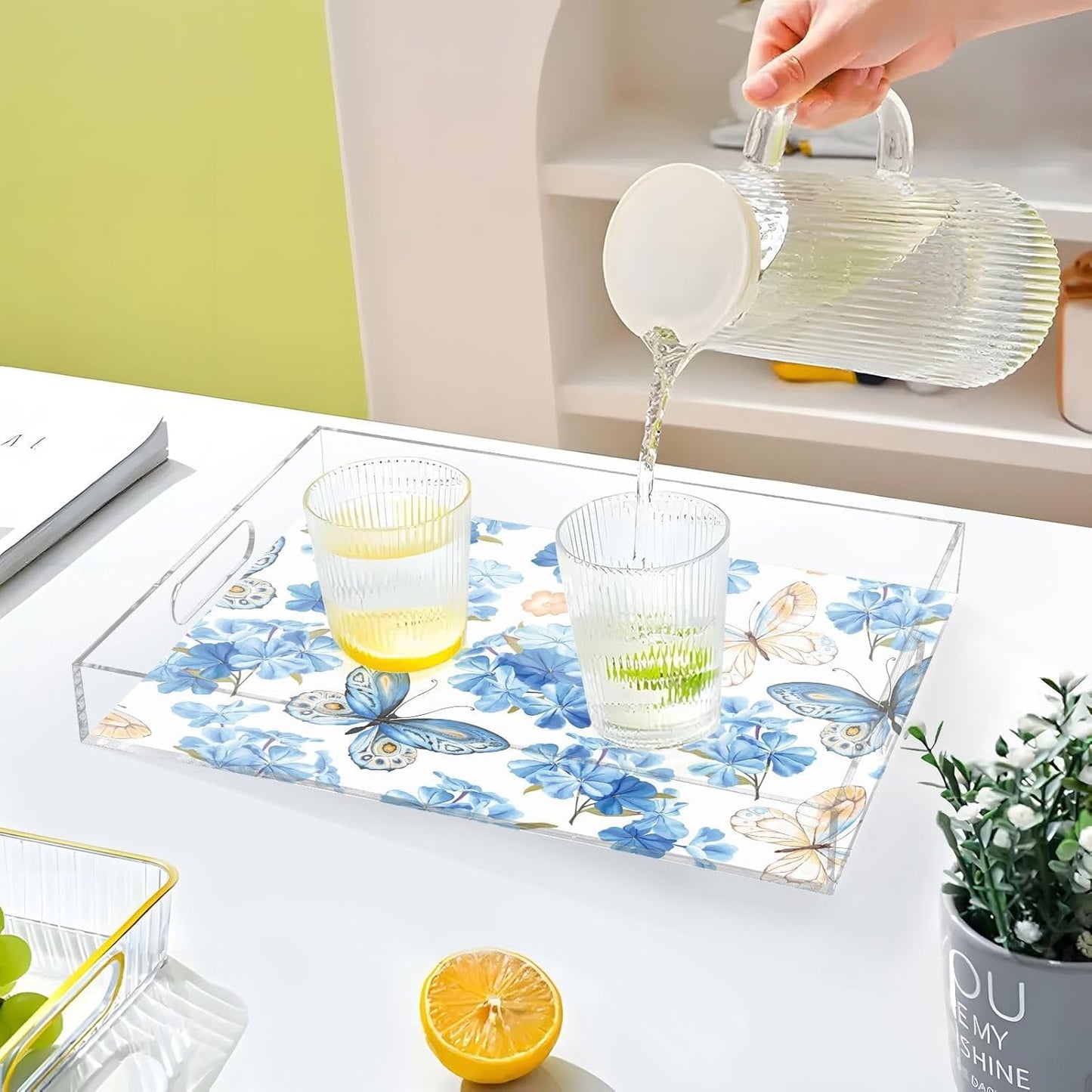 Acrylic Serving Tray with Handles Spill Proof Kitchen Storage Tray Clear Decorative Tray Makeup Drawer Organizer Storage Tray for Bathroom Living Room Ottoman 15.7x11.8Inches