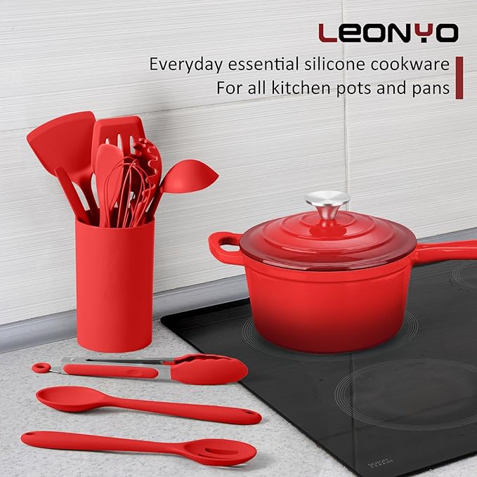 Enameled Cast Iron Sauce Pan with Lid, Leonyo 1 Quart Saucepan with Lid, Small Enamel Cast Iron Dutch Oven Kitchen Cookware for All Cooktops Cooking Pasta, Soup, Milk - Up to 500°F & 4.4Lbs, Red