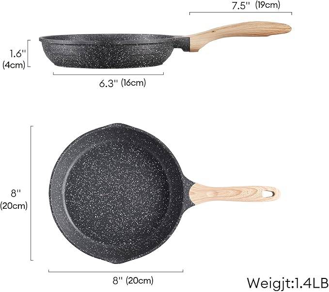 JEETEE 8 Inch Nonstick Frying Pan, Stone Coating Cookware, Nonstick Omelette Pan with Heat-Resistant Handle, Induction Skillet for Eggs (Grey)
