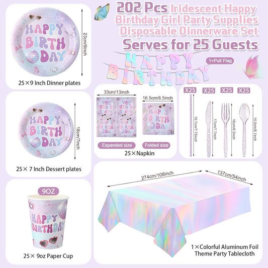 Sawysine 202 Pcs Iridescent Happy Birthday Party Supplies Disposable Dinnerware Set 50 Plates 25 Cups 25 Napkins 25 Plastic Forks 25 Knives 25 Spoons 25 Straw Flag Tablecloth to Serve 25 Guests