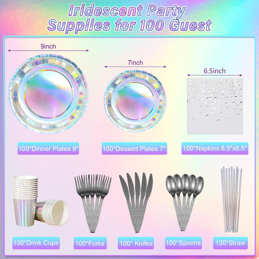 Iridescent Paper Plates and Napkins Set, Disposable Iridescent Paper Plates Cups Knives Spoons Fork Straw for Mermaid Birthday Wedding Party, Serve 100