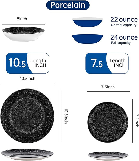 Bestone Plates and Bowls Sets,12 Pieces Round Porcelain Dinnerware Sets,Dishes, Plates, Dishware Sets,Chip Resistant Ceramic Dish Set Dining Dinner Ware Service for 4,Starry Sky Black