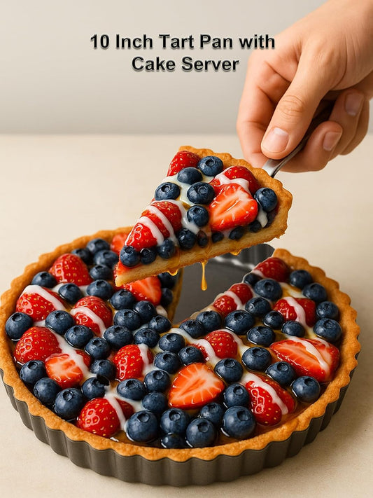 10 Inch Round Quiche Pans with Pie Cake Server. Removable Bottom, Non-Stick Coating, Rugged Carbon Steel for Tart Quiche Pie Baking. Gift for Women Wife Christmas Thanksgiving Party Festival