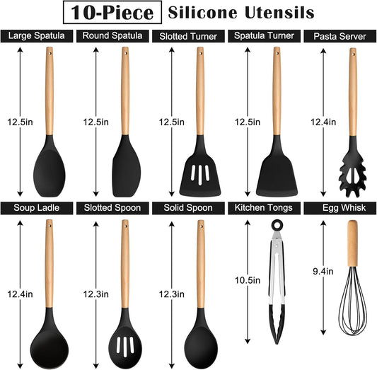 E-far Silicone Cooking Utensils Set, 10-Piece Black Kitchen Utensils Set with Wooden Handle for Nonstick Cookware, Heat Resistant Kitchen Nonstick Tools Spatula Whisk Tongs Ladle, Non-toxic & Healthy