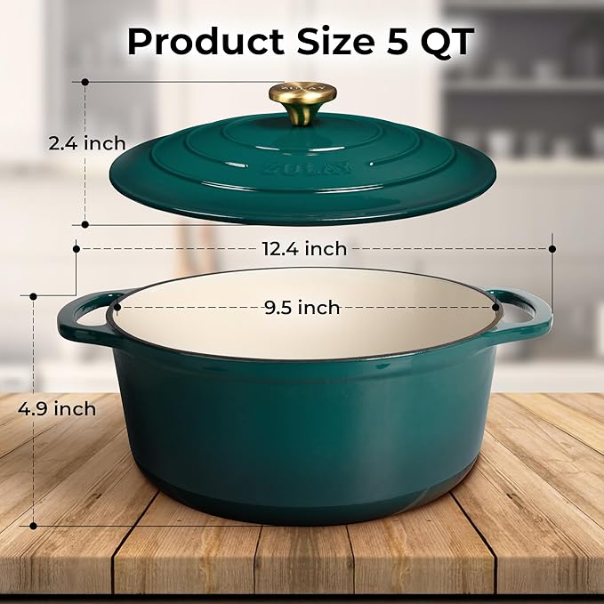 Zulay Kitchen 5 Quart Enameled Cast Iron Dutch Oven Pot with Lid – Premium Durability & Oven Safe up to 500°F – Heavy Duty Cookware Perfect for Bread Baking, Stews, Braising & Roasting – Emerald