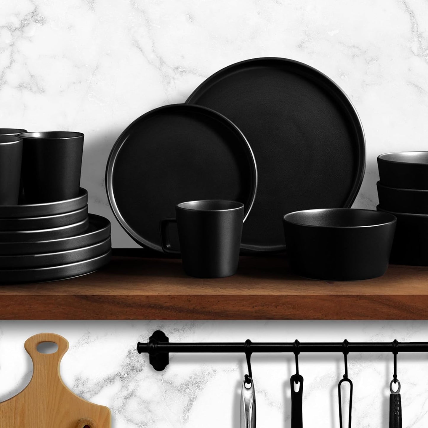 Zulay Kitchen Terra Plates and Bowls Sets, 16 Piece Modern Stoneware Dish Set for 4, Chip and Scratch Resistant Ceramic Dinnerware Set, Microwave and Dishwasher Safe, Matte Black
