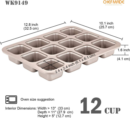 CHEFMADE Brownie Cake Pan, 12-Cavity Non-Stick Square Muffin Pan Blondie Bakeware for Oven Baking (Champagne Gold)