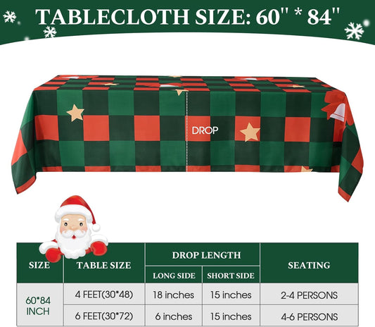 Christmas Tablecloth Rectangular 60x84 Inch Waterproof, Machine Washable Checkered Polyester Table Cover for Xmas Party, Winter Holiday Home Decoration in Festive Checkered Star 1pack