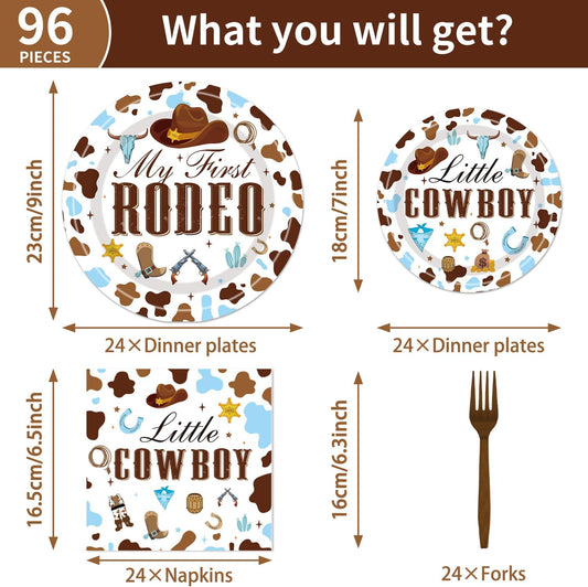 My First Rodeo Birthday Party Supplies - Western Cowboy 1st Party Decorations for Boy Baby Shower My First Rodeo Plates Napkin Forks Tableware Set | Serves 24 Guests