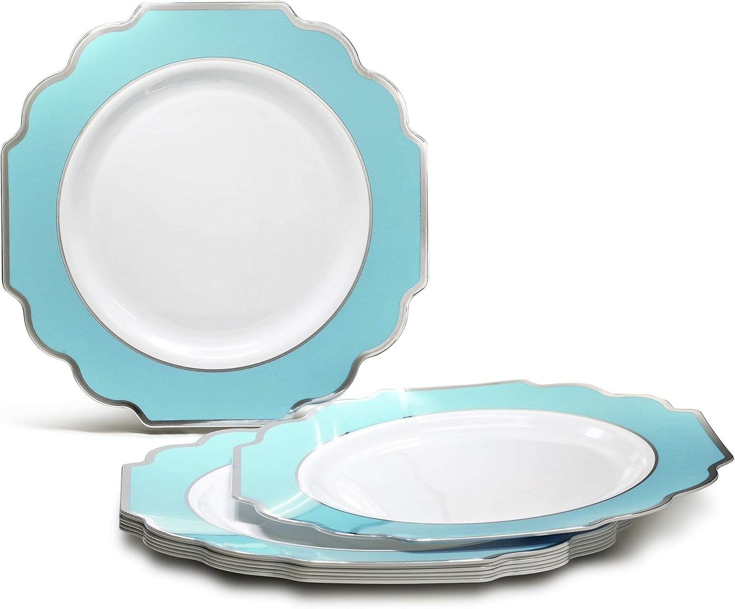 " OCCASIONS " 50 Plates Pack (25 Guests)-Heavyweight Wedding Party Disposable Plastic Plate Set -(25x10.5'' Dinner + 25x8'' Salad/dessert (Imperial Aqua & Silver)