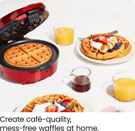 Chefman Anti-Overflow Belgian Waffle Maker w/Shade Selector, Temperature Control Mess Free Moat, Round Iron w/Nonstick Plates & Cool Touch Handle, Measuring Cup Included, Red