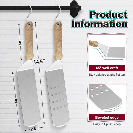 Metal Spatula Set of 2, HaSteeL Heavy Duty Stainless Steel Teppanyaki Tools, 14.5 Inch x 2.8 Inch, Griddle Accessories for Flat Top Grill Hibachi Indoor & Outdoor, Long Burger Turner Flipper