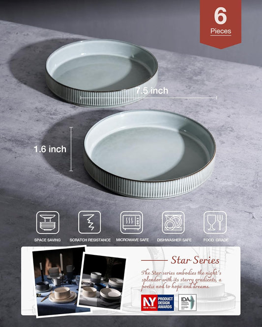 famiware Star 7.5" Pasta Bowls Set, Salad Bowl Set of 6, Double Reactive Glaze, Stackable, Perfect for Your Friend for Housewarming, Thanksgiving, Christmas, Smoky Blue