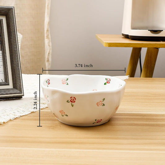 Koythin Ceramic Cereal Bowl, Cute Flowers Pattern Kitchen Bowls for Cereal, Salad, Pasta, Soup, Dessert, Serving, Home Decor, Microwave and Dishwasher Safe (Red Rose Small Fragmented Flowers)
