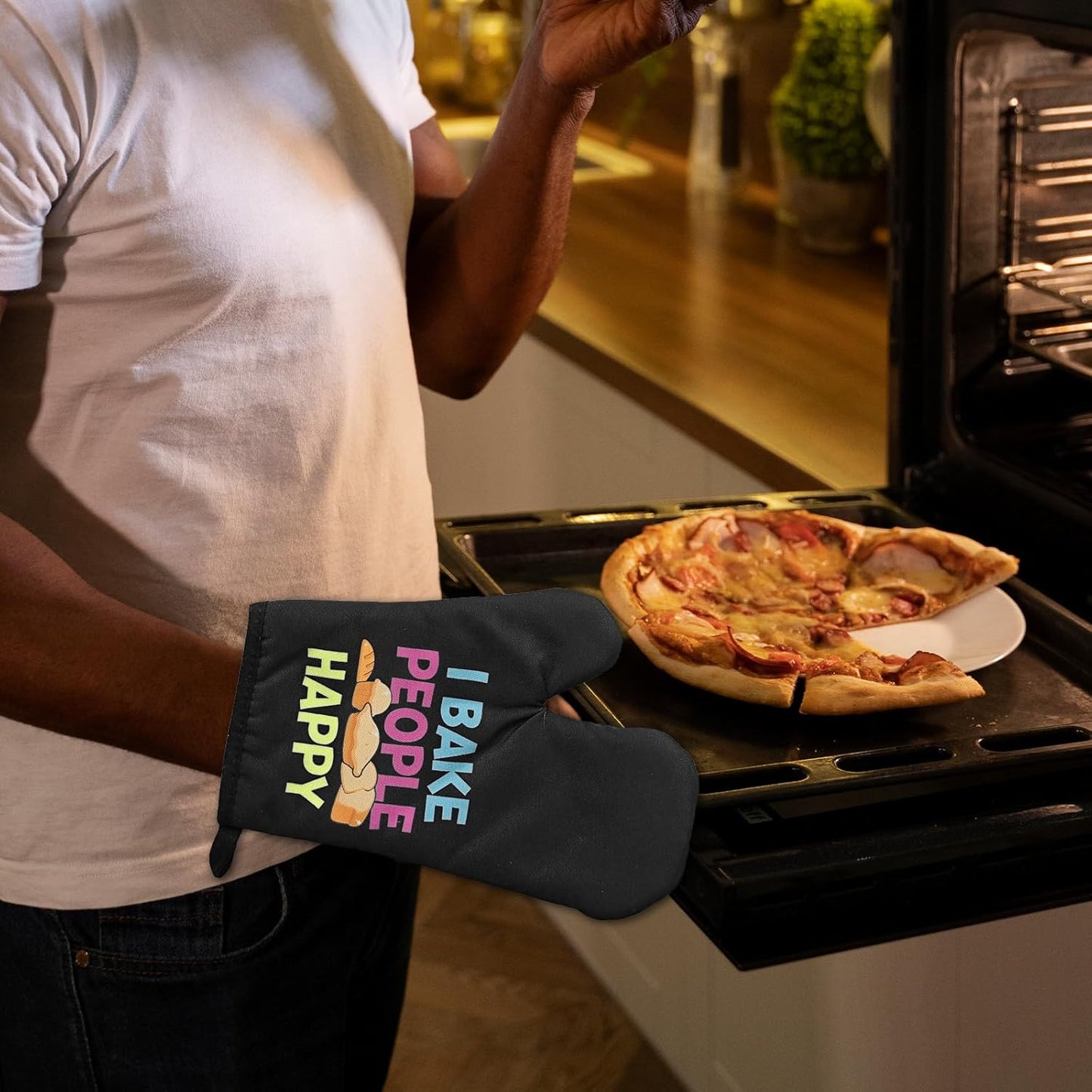 Funny Baking Oven Mitts and Pot Holders(Set of 2) I Bake People Happy Heat Resistant Mitts Silicone Non-Slip Oven Mitts Bake Lover Gift Novelty Birthday Gift for Women Men Friend Sister Chef