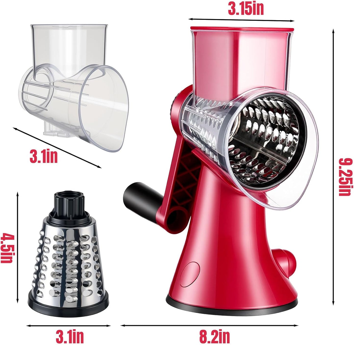 Rotary Cheese Grater & Vegetable Slicer, 3 in 1 Kitchen cheese Shredder Interchangeable Blades with 3 Stainless Steel Blades & Strong Suction Base, Easy Clean Food Grinder for Cheese, for Fruit