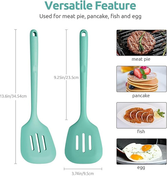 13.6" Slotted Silicone Turner: U-Taste 600ºF Heat Resistant Kitchen Spatula Flipper, Food Grade Flexible Wide Seamless Rubber Cooking Utensil for Egg, Omelette, Burger in Nonstick Cookware (Aqua Sky)