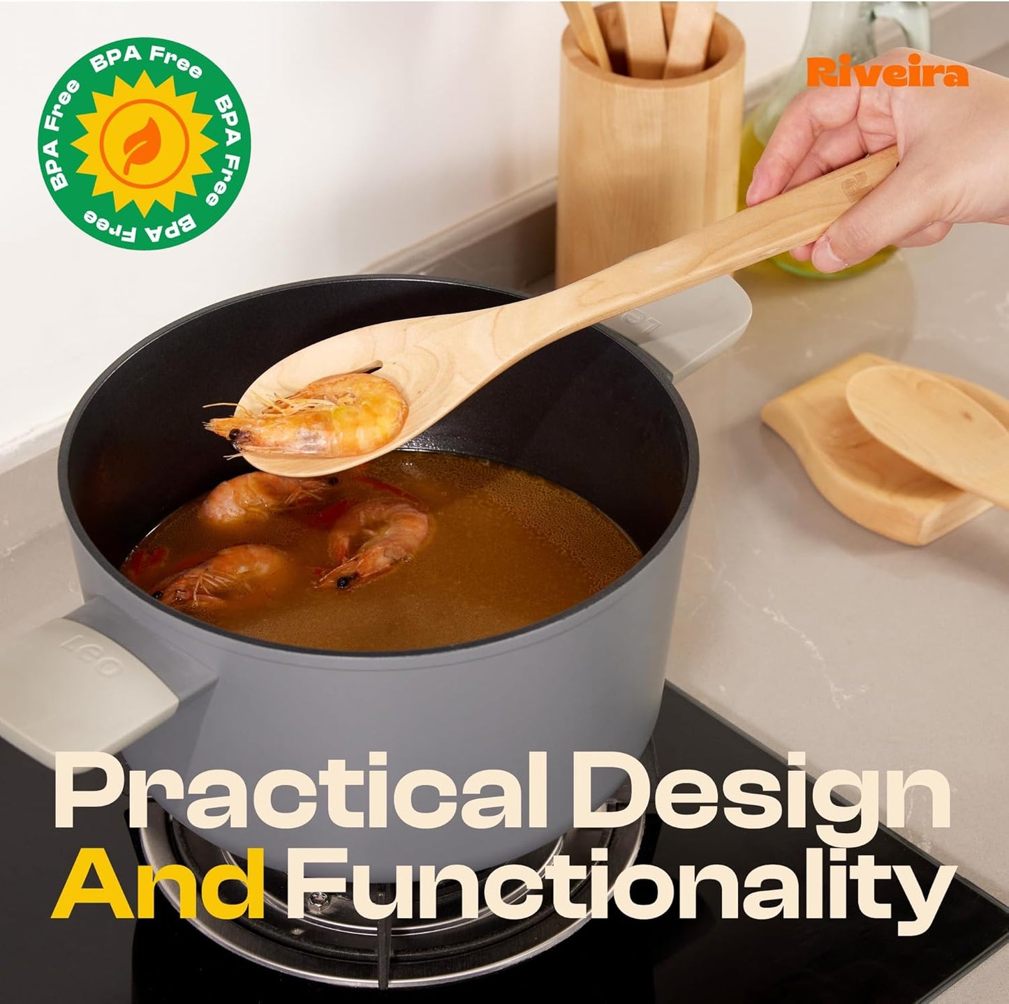 Riveira Maple Wooden Cooking Utensils Set of 9 Premium Quality Non-Toxic Wooden Spoons & Spatulas for Cooking, Stirring, Serving & Flipping