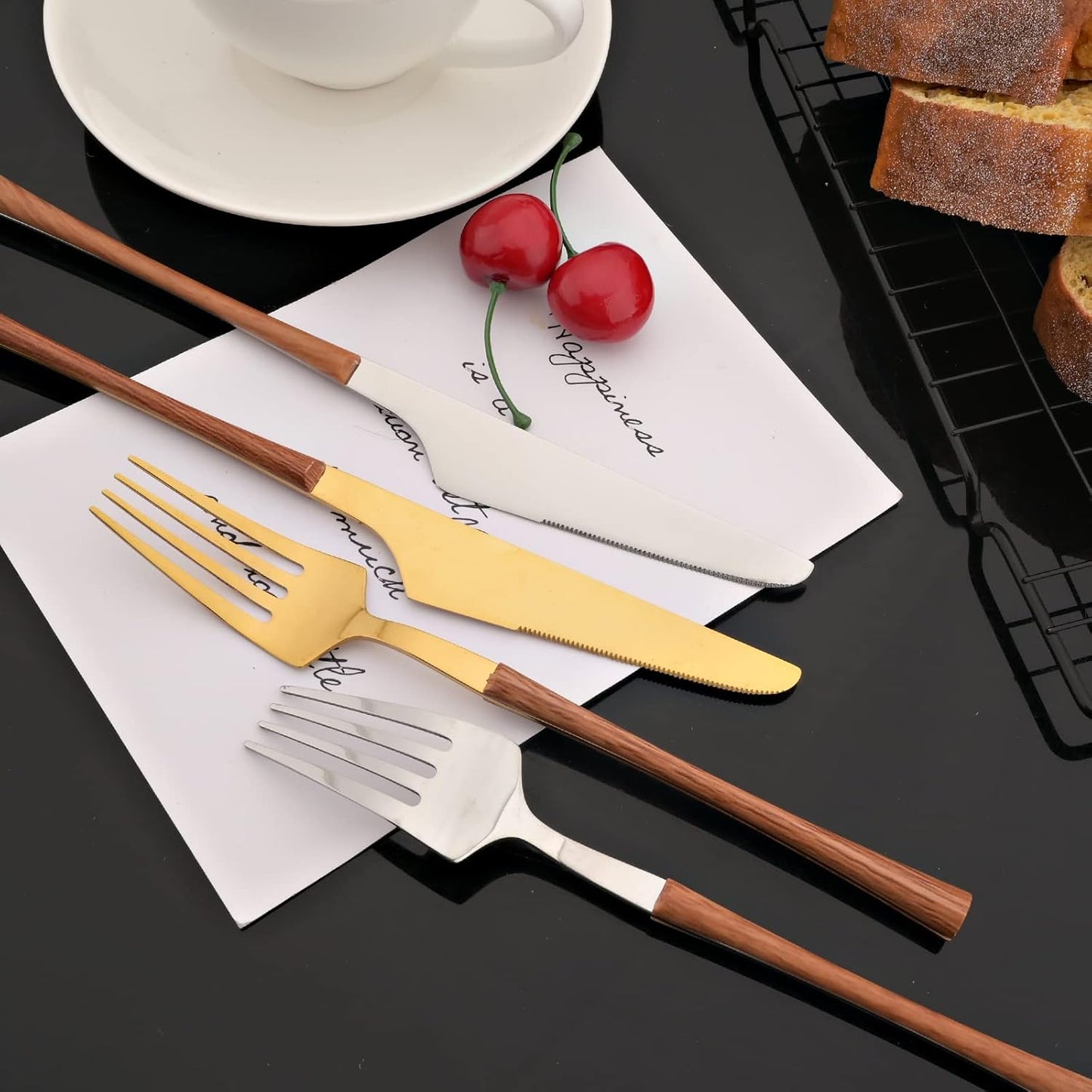 JASHII Wood Handle Flatware Set, 20 Pieces Stainless Steel Silverware Cutlery Set, Mirror Polished, Knife Fork Spoon Set, Dishwasher Safe - Small Waist Gold