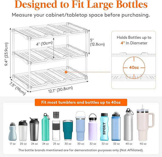 Lifewit Stackable Water Bottle Storage Organizer, Clear Freestanding Wine Bottle Holder for Cabinet, Tumbler Cup Organizer, Plastic Large Compartment Wine Rack for Fridge Cellar, 3Tier Hold 9