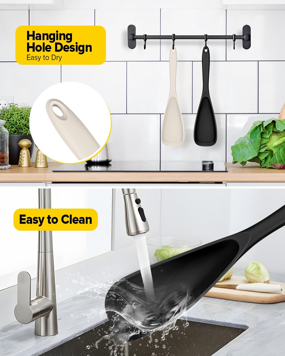 Pack of 2 Cooking Spoons for Non Stick Cookware, Multifunction Spatula Spoon BPA-Free, One-Piece Design, Suitable for Scooping, Scraping, Serving and Mixing(BLACK-KHAKI)