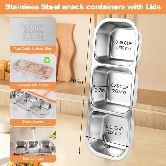 Stainless Steel Snack Containers with Lids, 3 Compartment Leakproof Reusable Snack Box for Nuts, Fruits- Divided Grab & Go Container for School, Office, Travel