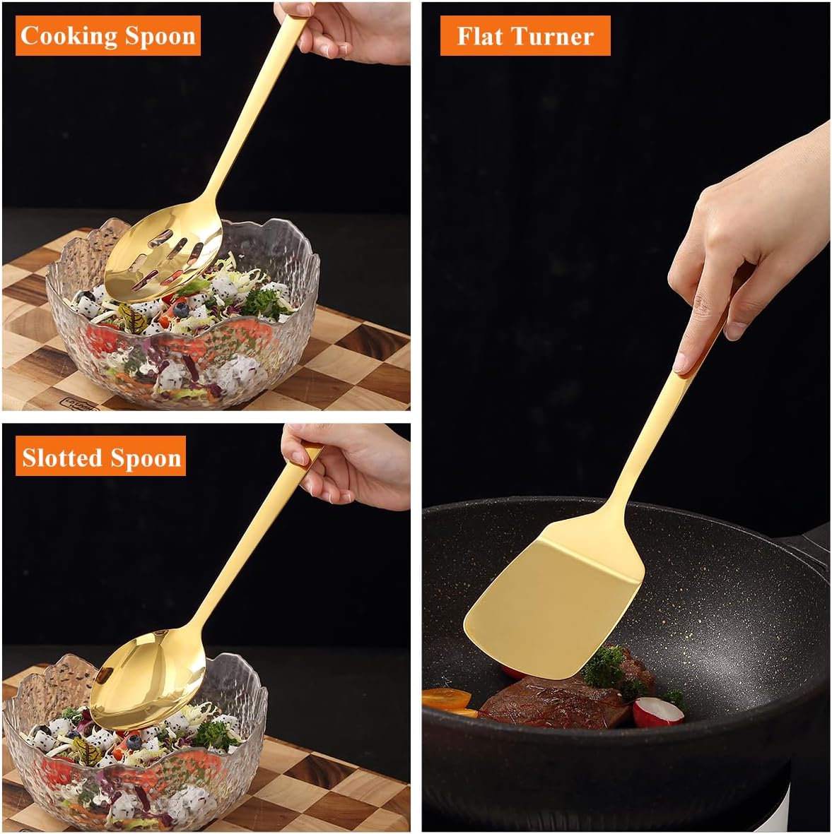 Homquen Gold Kitchen Utensils Set 4pcs, Titanium Gold Plating Stainless Steel Cooking Utensils Set, Kitchen Tools Spatulas Set, Cooking Spoons, Home Essentials Kitchen Gadgets Accessories