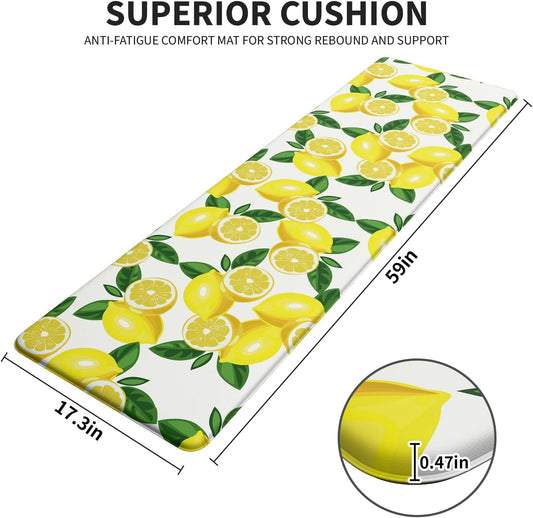 Lemon Kitchen Mats for Floor - Anti Fatigue Mats for Kitchen Floor, Cushioned Non-Skid Washable Memory Foam Rug for Office, Sink, Laundry (17.3"×59"×0.47") White