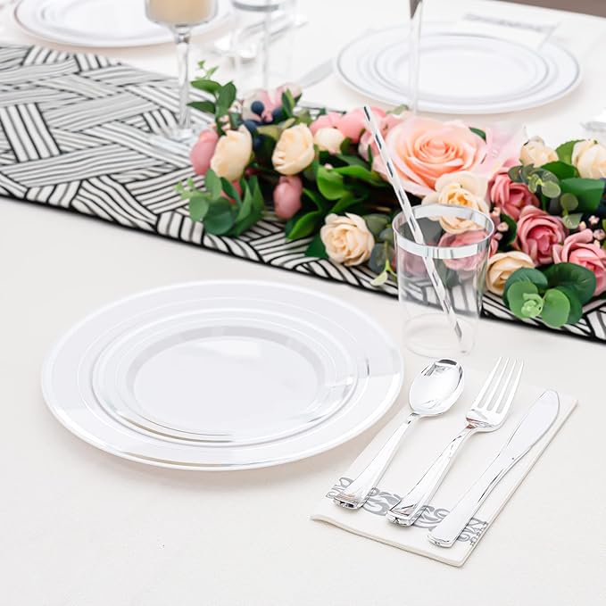 175 PCS Silver Dinnerware Set for 25 Guests, Silver Rimmed Heavy Duty Plastic Disposable Plates for Party Wedding with 25 Dinner Plates,Dessert Plates, Silverware Set, Cups, Napkins