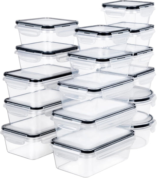 32 Piece Food Storage Container with Lids (16 Containers + 16 Lids) - Plastic Food Containers with Lid, Airtight Leak Proof Snap Lock, BPA Free Storage Containers