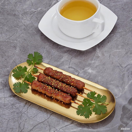 8.5X3.7 inch ellipse Appetizer Plates,thick stainless steel Dinner Plates, Pasta Dessert Plates for Sushi, Fruit oven/Dishwasher Safe, Set of 4,Gold