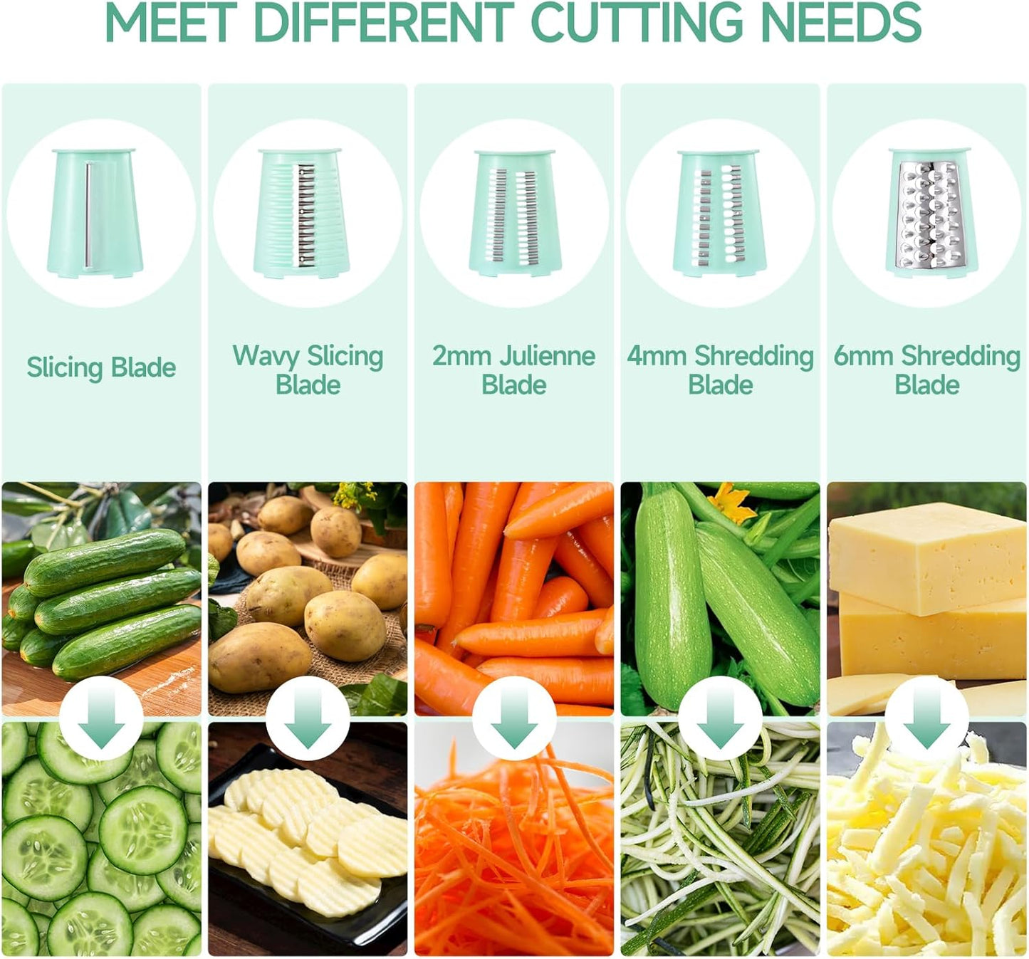 Xilrvna Rotary CheeseGrater, Vegetable Shredder 5 in 1 CheeseGraterwithHandleedderReinforcedSuction,EasytoClean,KitchenChopperforCrushed Ice,Fruits and Nuts with Blade Storage Case(Green)