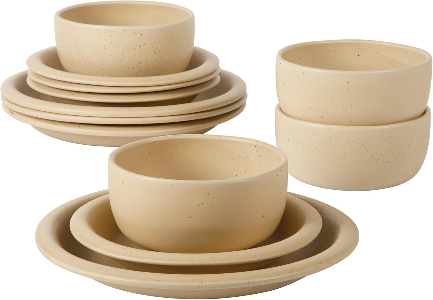 Bloomhouse Corsica Clay 12 Piece Stoneware Rustic Reactive Glaze Dinnerware Set - Stackable Plates and Bowls Set. Service for 4 - Matte Finish Cappuccino Cream