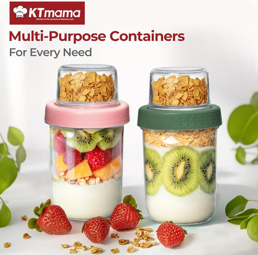 2 Pack 16 OZ Overnight Oats Containers with Lids, Dual-Layer Glass Meal Prep with Dry and Wet Separation, Airtight Food Jars for Oatmeal Yogurt Parfait Cups Cereal Nut Fruit (Mixed color 2)